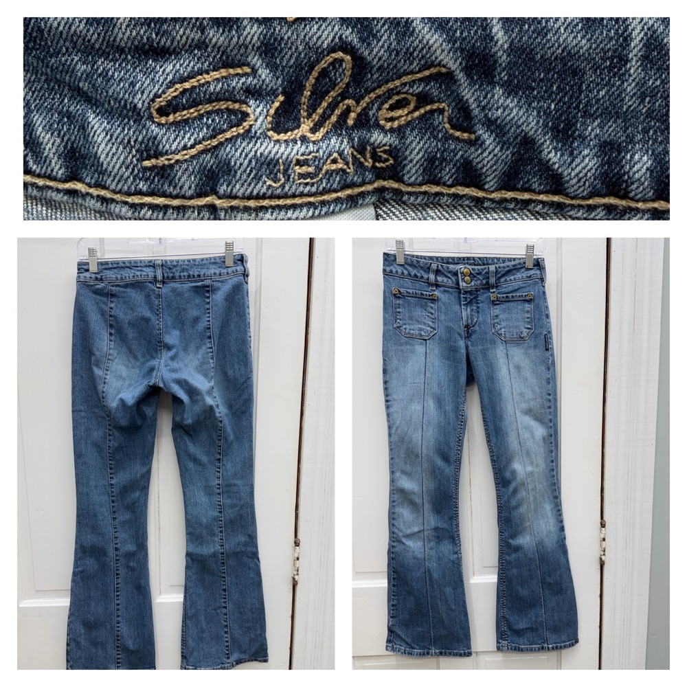 Vintage Silver Bootcut Denim Jeans Women's 27 x 32 Blue Patch Pocket Seam Detail